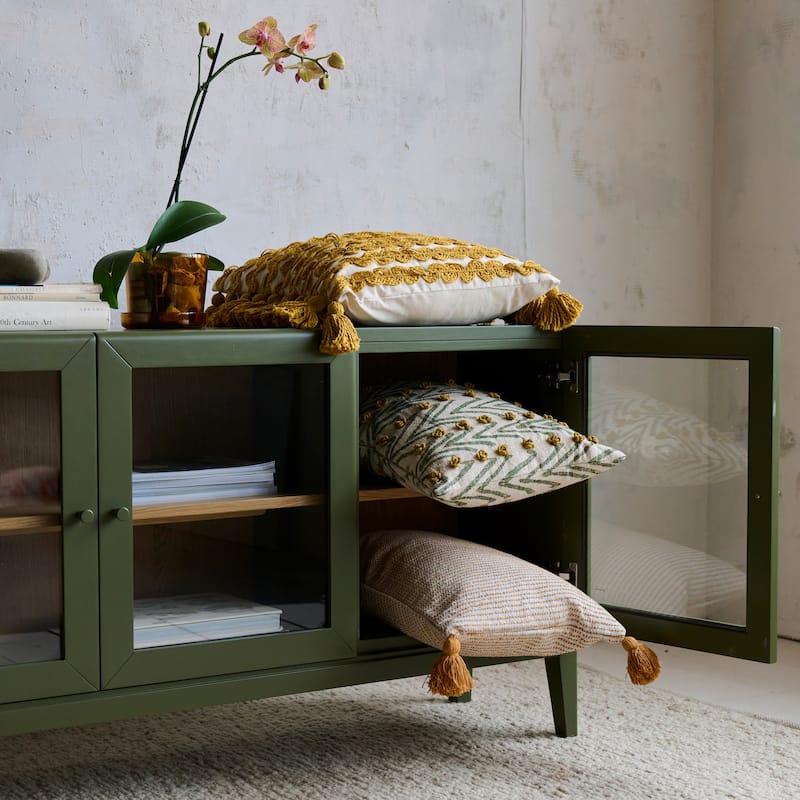 Wood Sideboard with Glass Doors and Oak Veneer Interior - 59.06"L x 15.75"W x 31.5"H