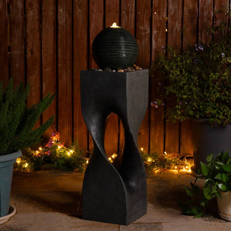 Glitzhome Modern Geometric Oversized Pedestal Sphere Polyresin Outdoor Floor Fountain with Pebbles