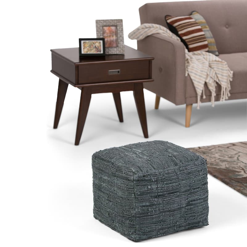 WYNDENHALL Garcia Boho Square Pouf in Woven Genuine Leather - Grey
