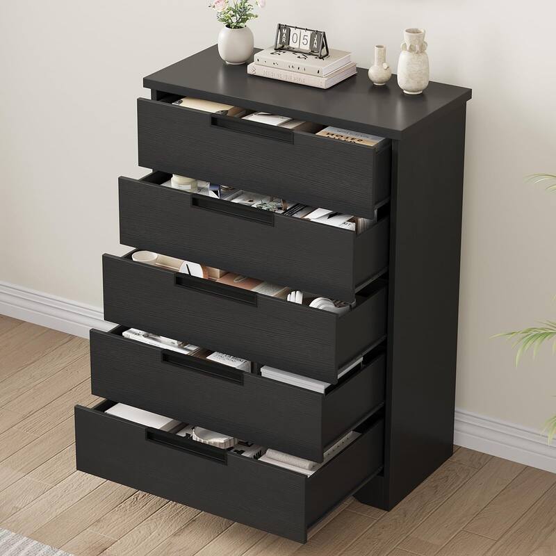 5 Drawer Dresser for Bedroom, Natural Chest of Drawers with Embedded Handles, Wooden Dresser Organizer