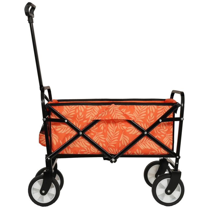 Patterned Collapsible Utility Wagon - Orange Leaf Design with Storage Straps, 225lb Capacity