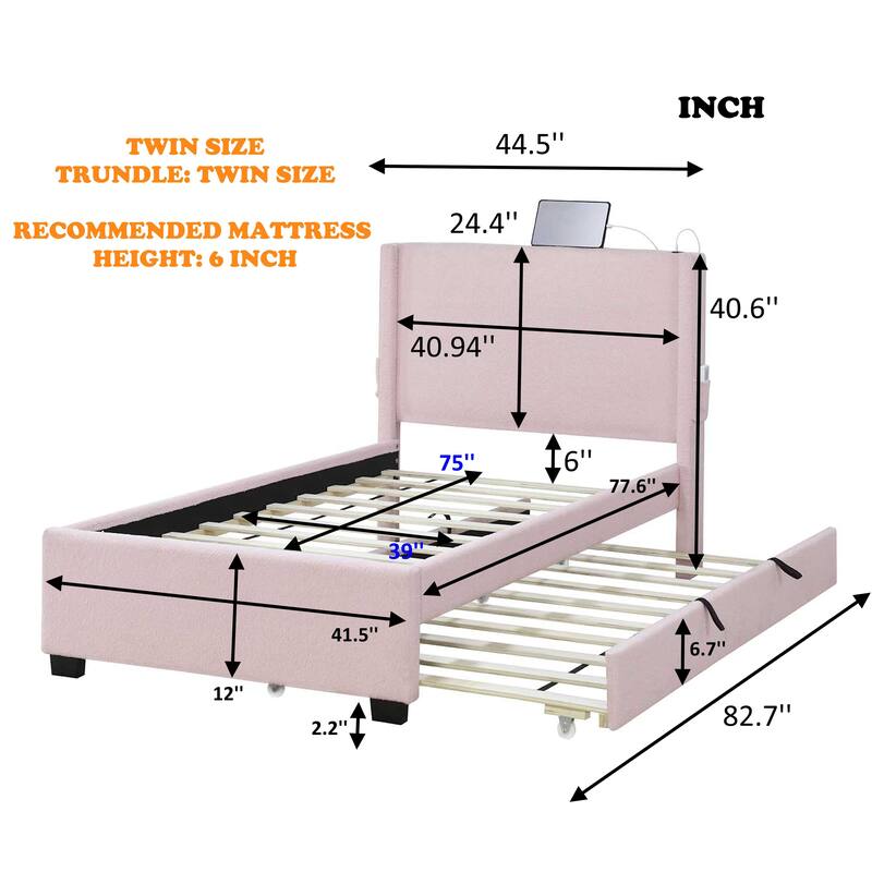 Twin Size Bed Frame With Trundle Bed, Teddy Fabric, Usb Functionality, And A Pocket Design On The Side Of The Headboard