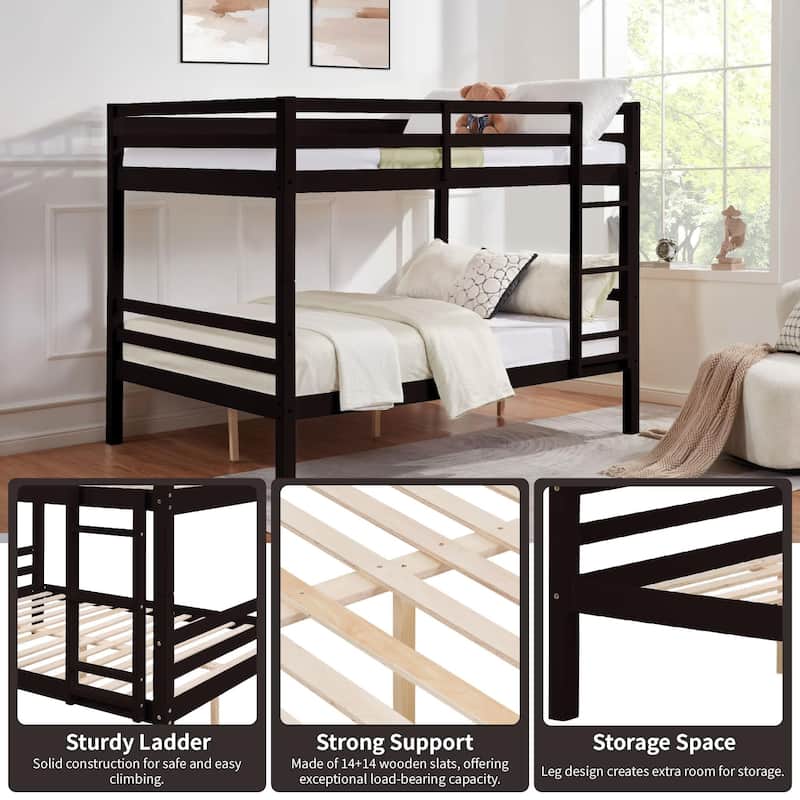 Full Over Full Bunk Bed, Thick Wood Posts, High Guardrail, Ladder