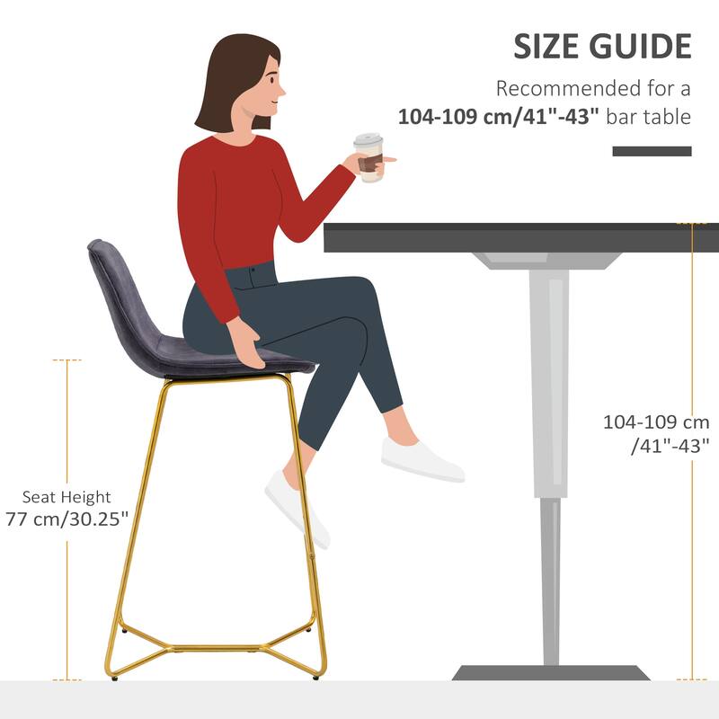 HOMCOM Tall Bar Stools, Set of 2, Velvet-Touch Fabric Bar Chairs, Bar Stools with Gold-Tone Metal Legs for Dining Area