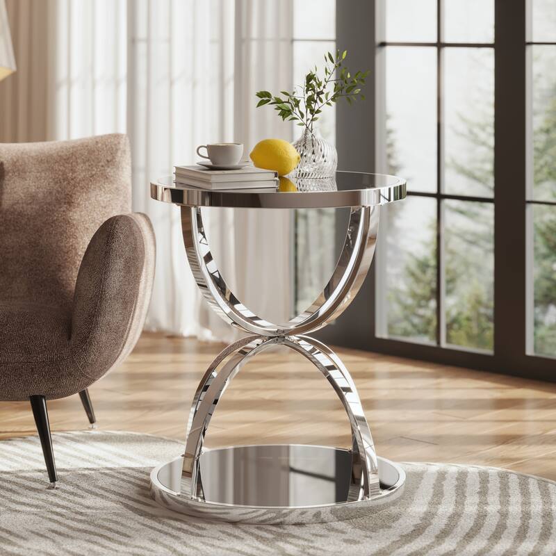 Modern 2 Tiers Glass Coffee Table with Ring-Shaped Metal Frames