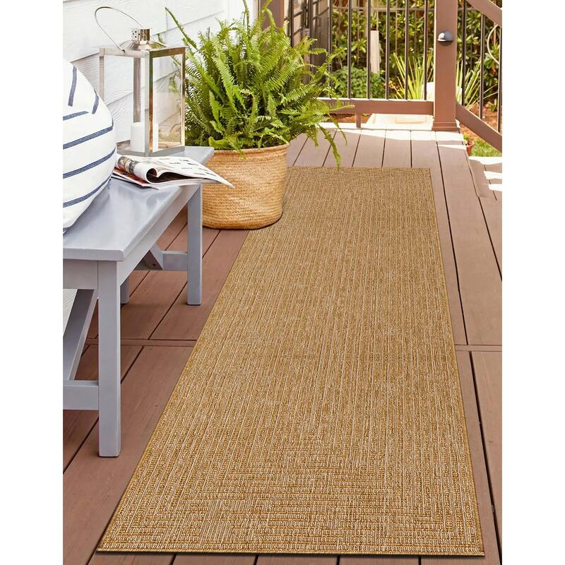 Distressed Frame Reversible Jute-Look Indoor/Outdoor Rug Reversible, Easy-Care Indoor/Outdoor Rug with Natural Fiber Look - 2' X 7'