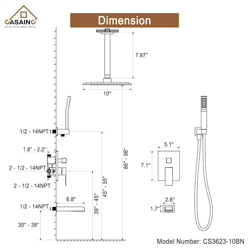 3-Function 10-In Wall Mounted Shower System