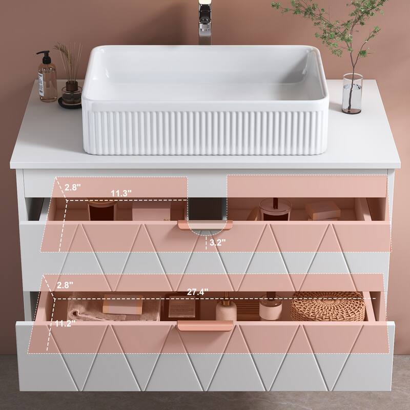 Wall-mounted Bathroom Vanity with Vertical Textured Ceramic Sink, Drawers with Diamond-patterned Design and Rose Gold Handles
