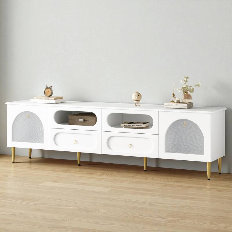 78.8'' Retro TV Stand for TVs up to 85'', Modern Media Console with 2 Cabinets, 4 Drawers, Glass Doors & Metal Legs