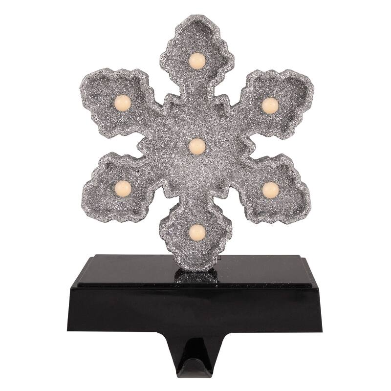Silver Glittered LED Lighted Snowflake Christmas Stocking Holder 7"