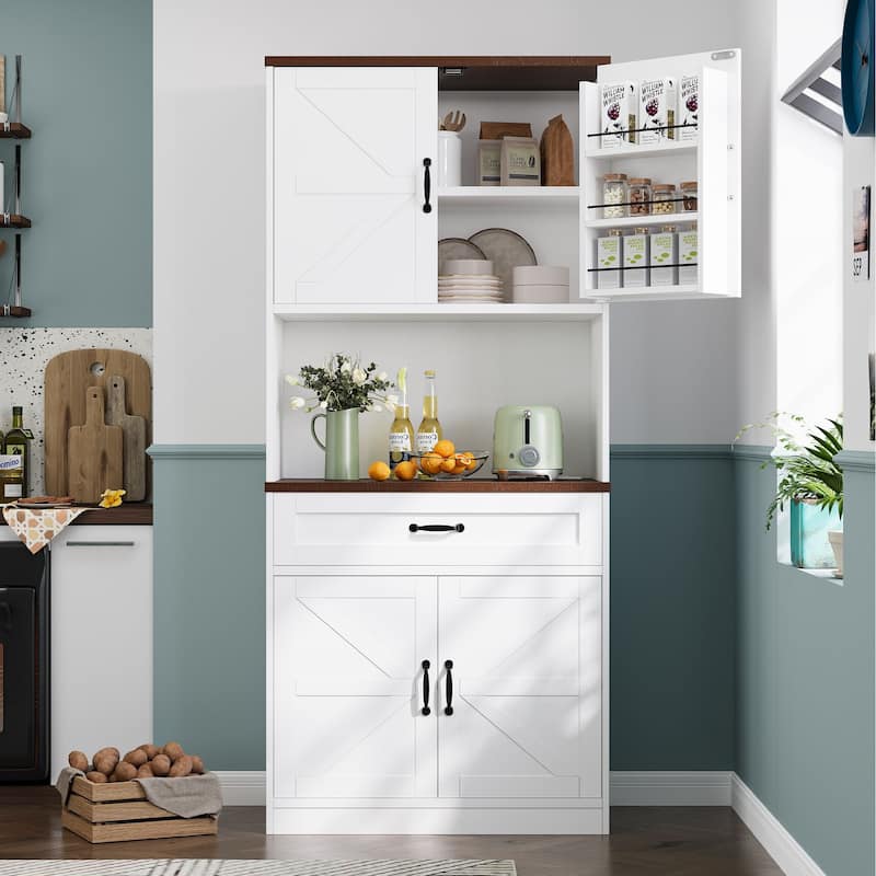 Gymojoy 70" Farmhouse Kitchen Pantry Cabinet With Operation Table & Power Outlet, Freestanding Cupboard