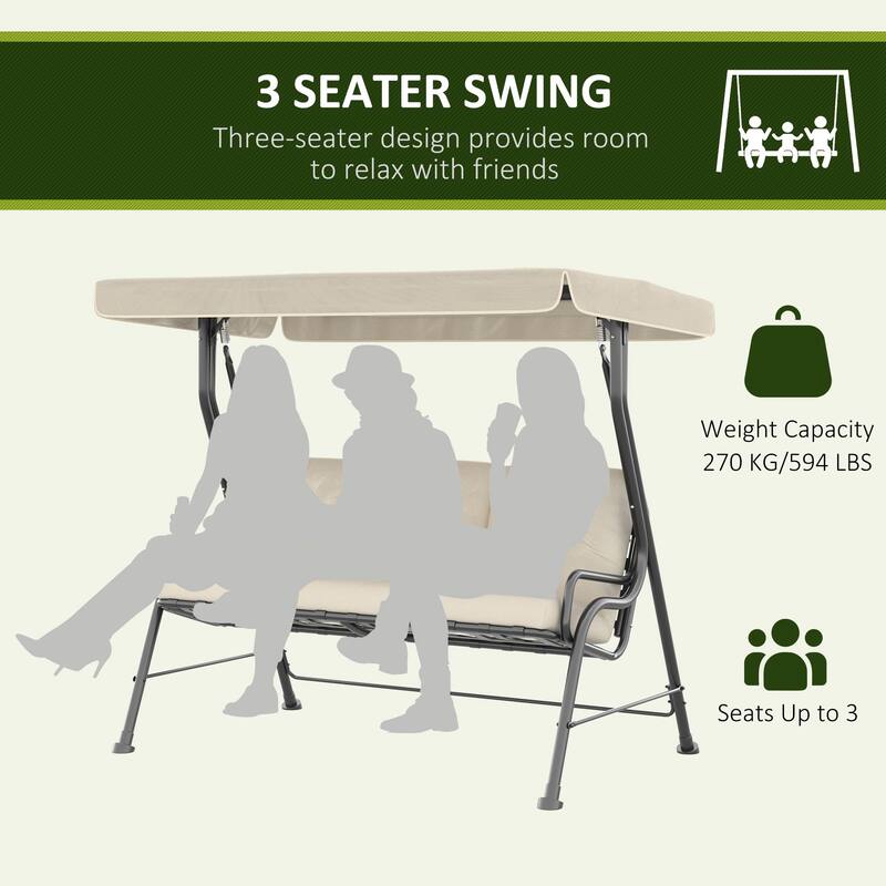 Outsunny Outdoor Patio Porch Swing Bench with Included Adjustable Shade Awning & Comfort Padded Seating for Three People