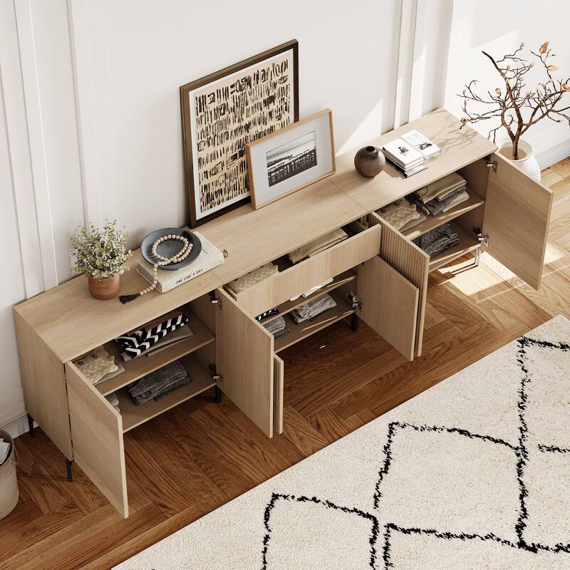 94.5" Modern Reeded 6-Door Sideboard With Drawers, 3-In-1 Wooden Credenza