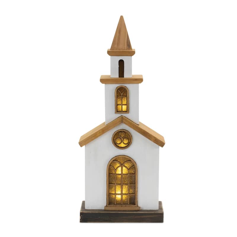 White and Brown LED Wooden Church with USB Cord Include for Indoor Christmas Decoration Holiday Accent - Brown, White-13.25"