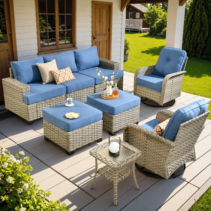 OVIOS 8 Pieces Wide Arm T shaped Seat Curved Swivel Chair Set With Ottoman - DiamondBlue