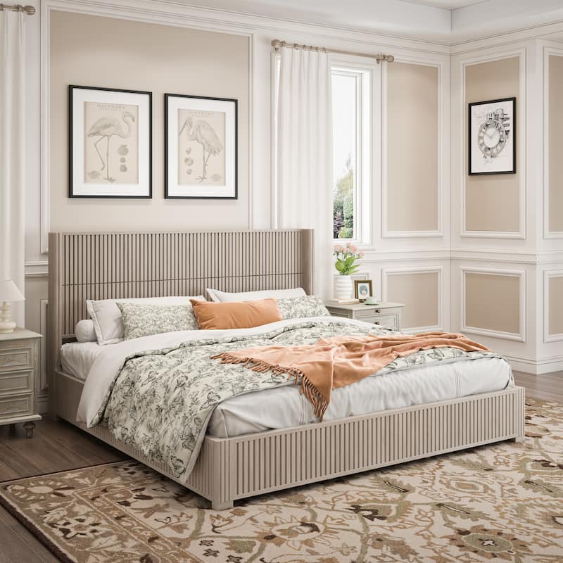 GDFStudio - Modern Solid Wood Low-Profile Platform Bed Frame with Fluted Headboard, Heavy-Duty Support & No Box Spring Needed