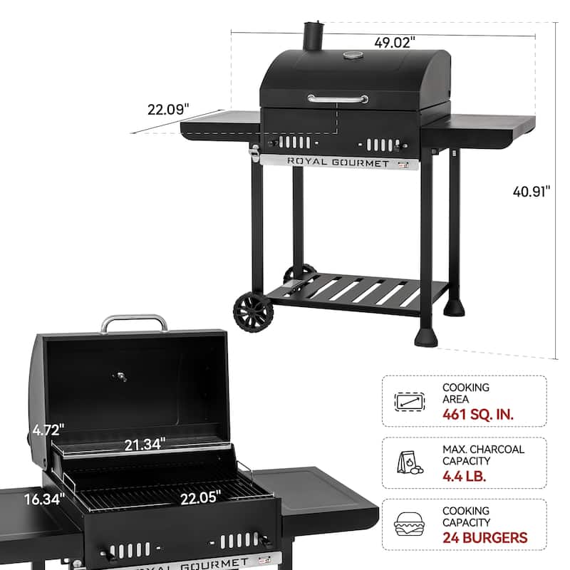 Royal Gourmet 24-Inch Movable Charcoal BBQ Grill with 2 Foldable Side Shelves, 2-Level Height-adjustable Charcoal Pan - Black