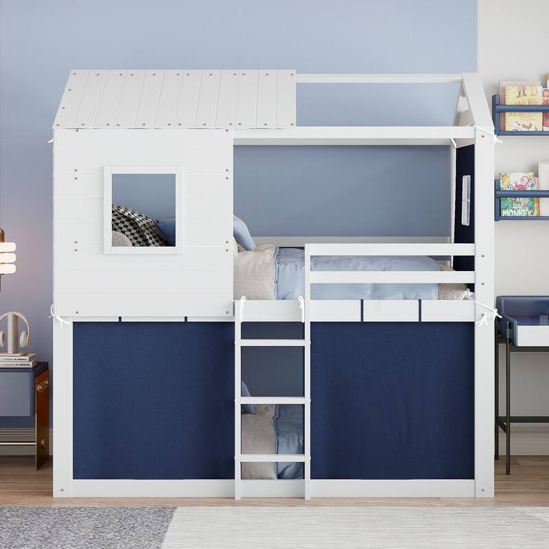 Playhouse Bed Floor Bunk Bed Kids Loft Bed with Tent