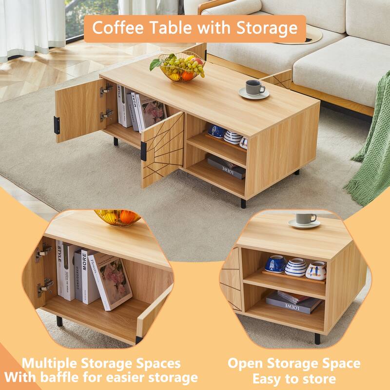 Modern Spider Web Texture Coffee Table Natural Wood Tone Geometric Art Coffee Table with Open Shelves, for Living Room