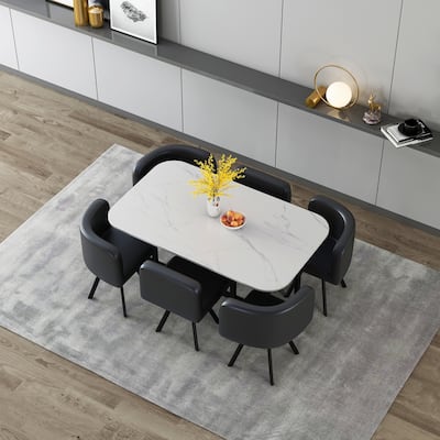 7 Pieces Artificial Marble Rectangle Dining Table Set with 6 Faux Leather Dining Chairs Modern Dining Table Chairs Set