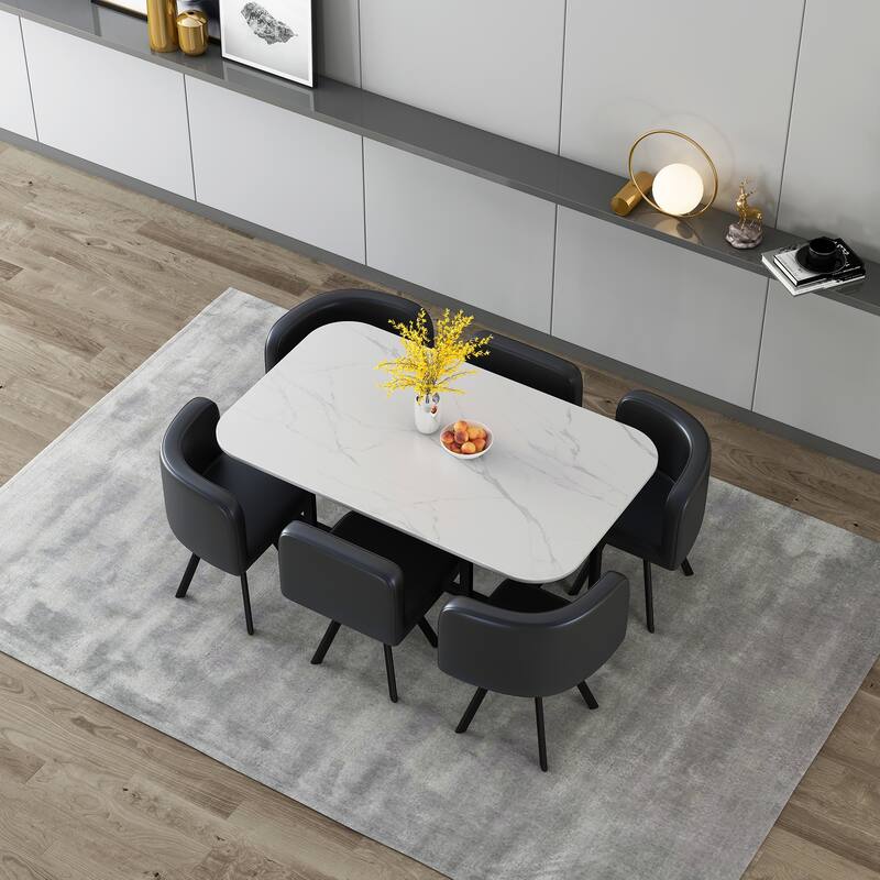 Modern Style 7-Piece Dining Set with Rectangular Marble-style Table and 6 Upholstered Dining Chairs