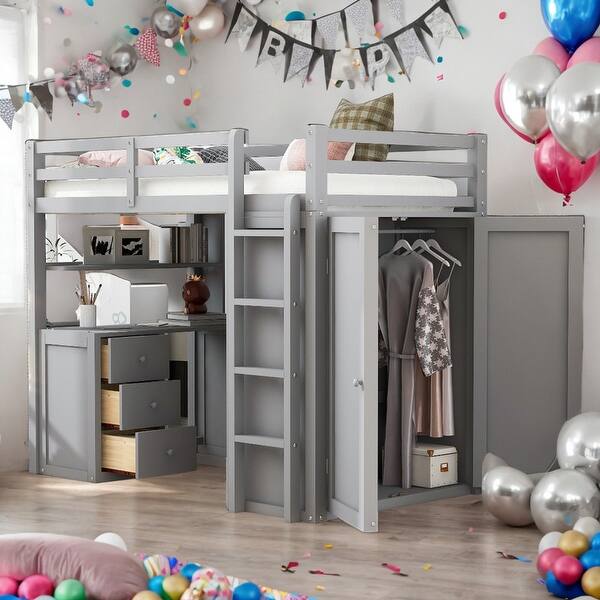 slide 2 of 19, Elegant Twin size Loft Bed with Drawers, Desk and Wardrobe, Health and Comfort, Sturdy Construction & Safety Guaranteed, Grey Grey