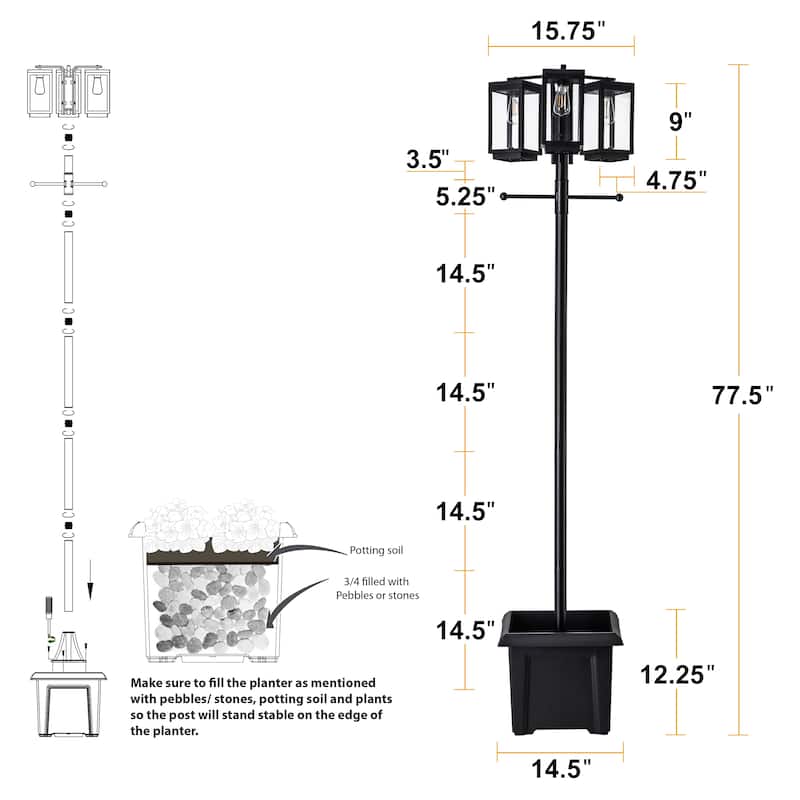 C Cattleya 3-Light 77.5in Solar Outdoor Post Light with Planter (Bulb Included)