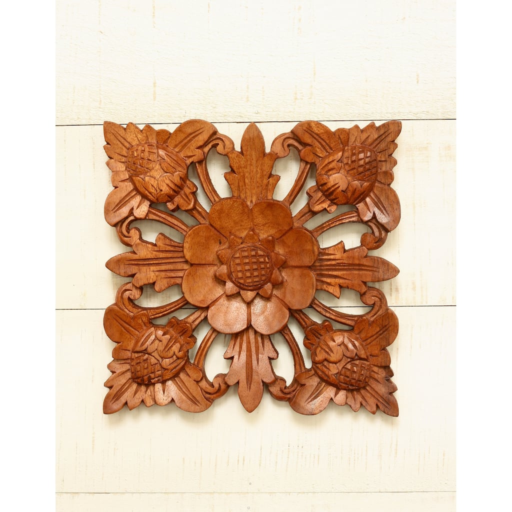 Wooden Handmade Wall Floral Hanging Relief Plaque Panel Hand Carved Wood Hang Sculpture Handcrafted Gift Art Home Decor Accent