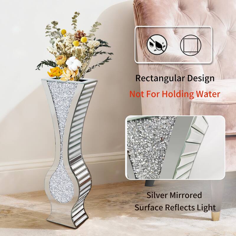 Silver 27" Tall Mirrored Vase Crushed Diamond Floor Vase Pampas Faux Flower Vase Glam Decor