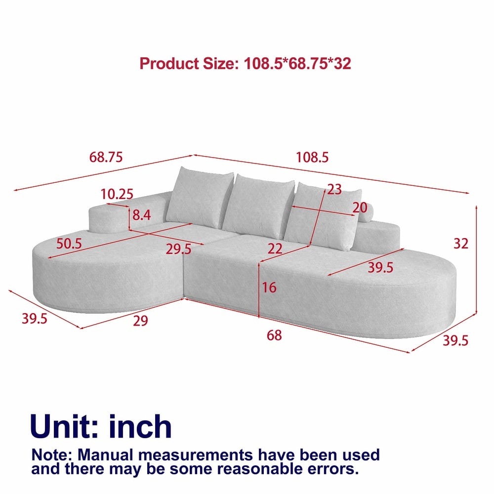 L Shaped Modular Curved Sectional Sofa, Chenille Upholstered 3 Seat Sofa, Corner Sofa with 3 Pillows for Living Room, Bedroom