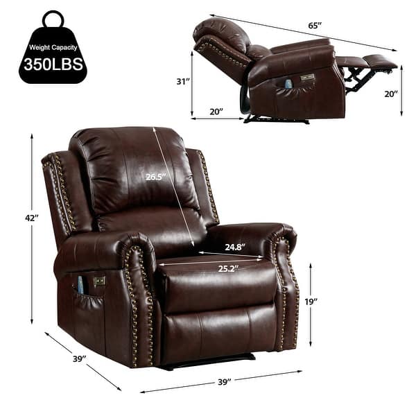 dimension image slide 2 of 3, Power Recliner Chair with Massage and Heat, Faux Leather Electric Recliner with USB Port for Living Room