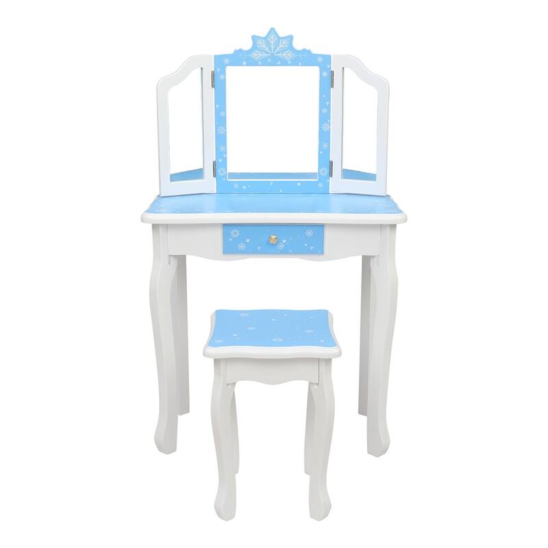 Kids Vanity Table and Stool Set Three-Sided Folding Mirror Single Drawer
