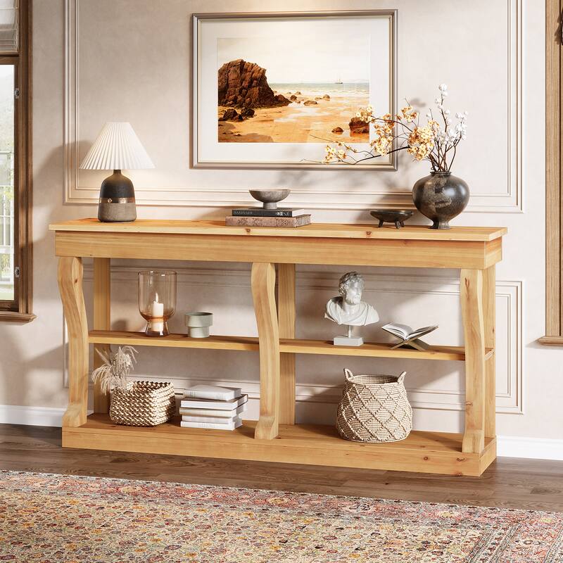 Solid Wood Entryway Console Table, 63'' 3-Tier Sofa Table Behind the Couch