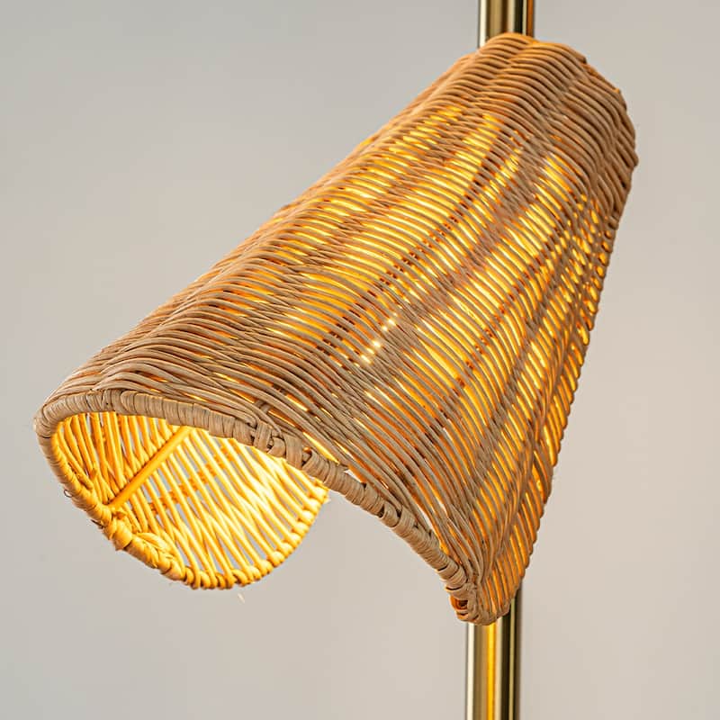 61'' Farmhouse Handwoven Rattan Floor Lamp Coastal 3-Light Standing Lamp With Antique Brass Finish Black Marble Base - W22''