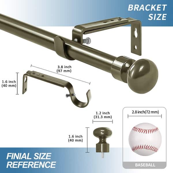 dimension image slide 4 of 5, Adjustable Oval Finial Curtain Drapery Rod Set 5/8-inch