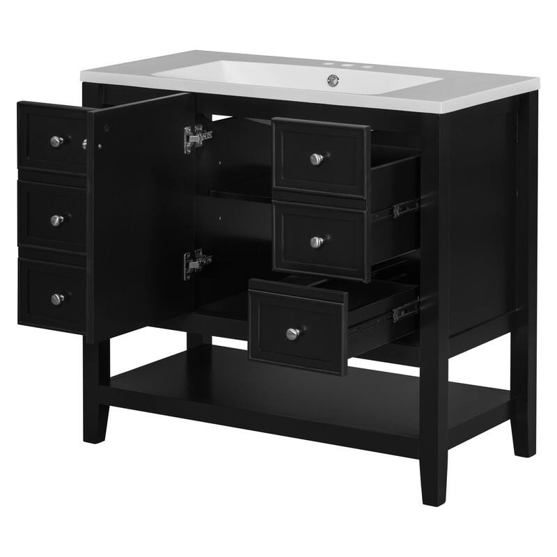 36" Bathroom Vanity with Ceramic Sink，Freestanding Bathroom Vanity Cabinet with 1 Door, 3 Storage Drawers and Adjustable Shelf