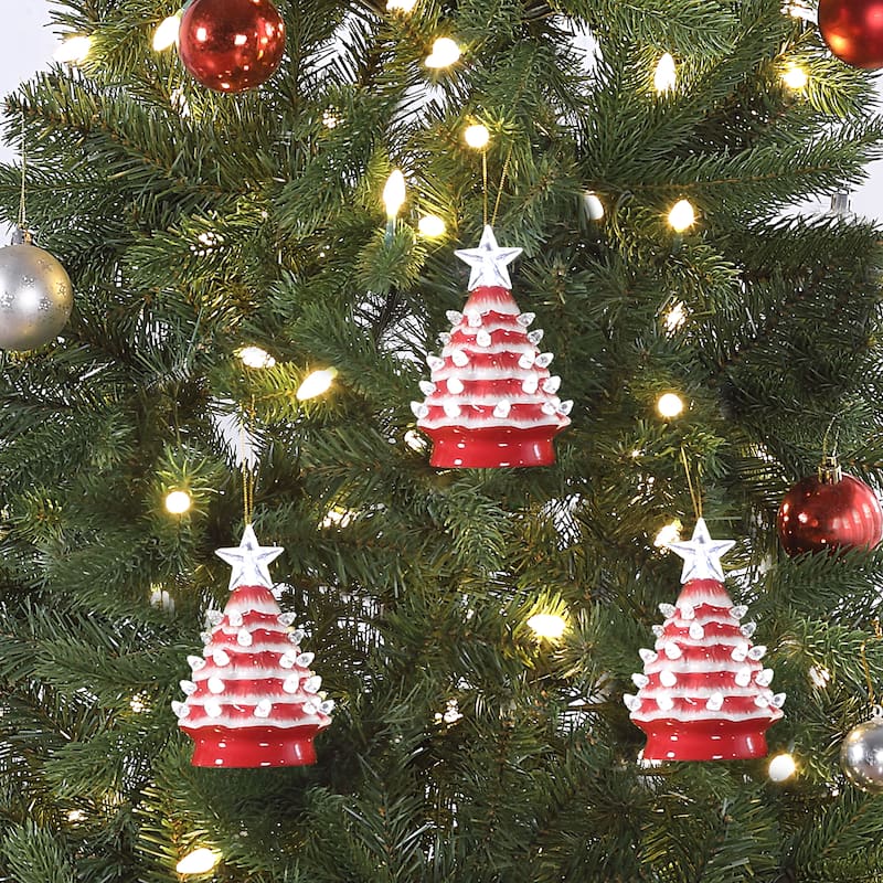 5 in. Set of 3 Nostalgic Ceramic Tree Ornament- Red with White Bulbs