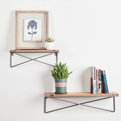 Set of 2 Rustic Metal and Wood Wall Shelves by Glitzhome