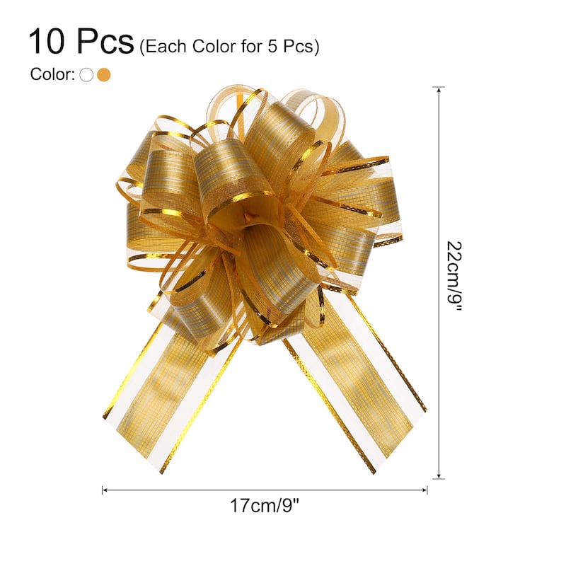 10pcs 7 Inch Large Pull Bow Gift Wrapping Bows Ribbon Organza Bows - Gold, White