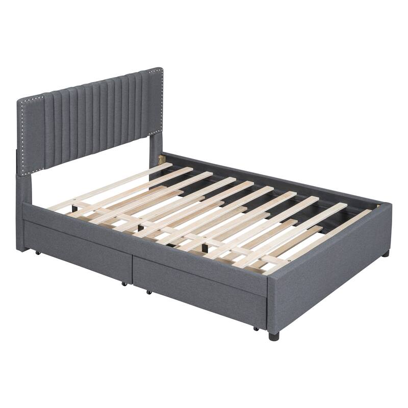 Full Size Upholstered Platform Bed with 2 Hidden Drawers and 1 Twin Size Trundle Bed Frame and Classic Headboard Design