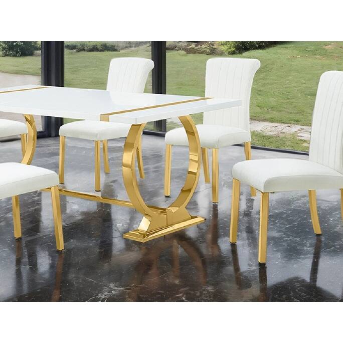 7PC Royal Gold White Finish O Shaped Dining Set Table and Side Chairs