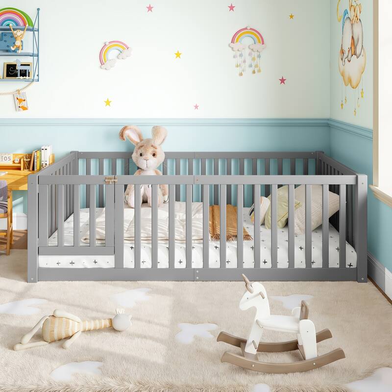 Montessori Floor Bed with Safety Guardrails & Door, Kids Low Profile Frame, Available in Queen/Full/Twin - Grey - Twin