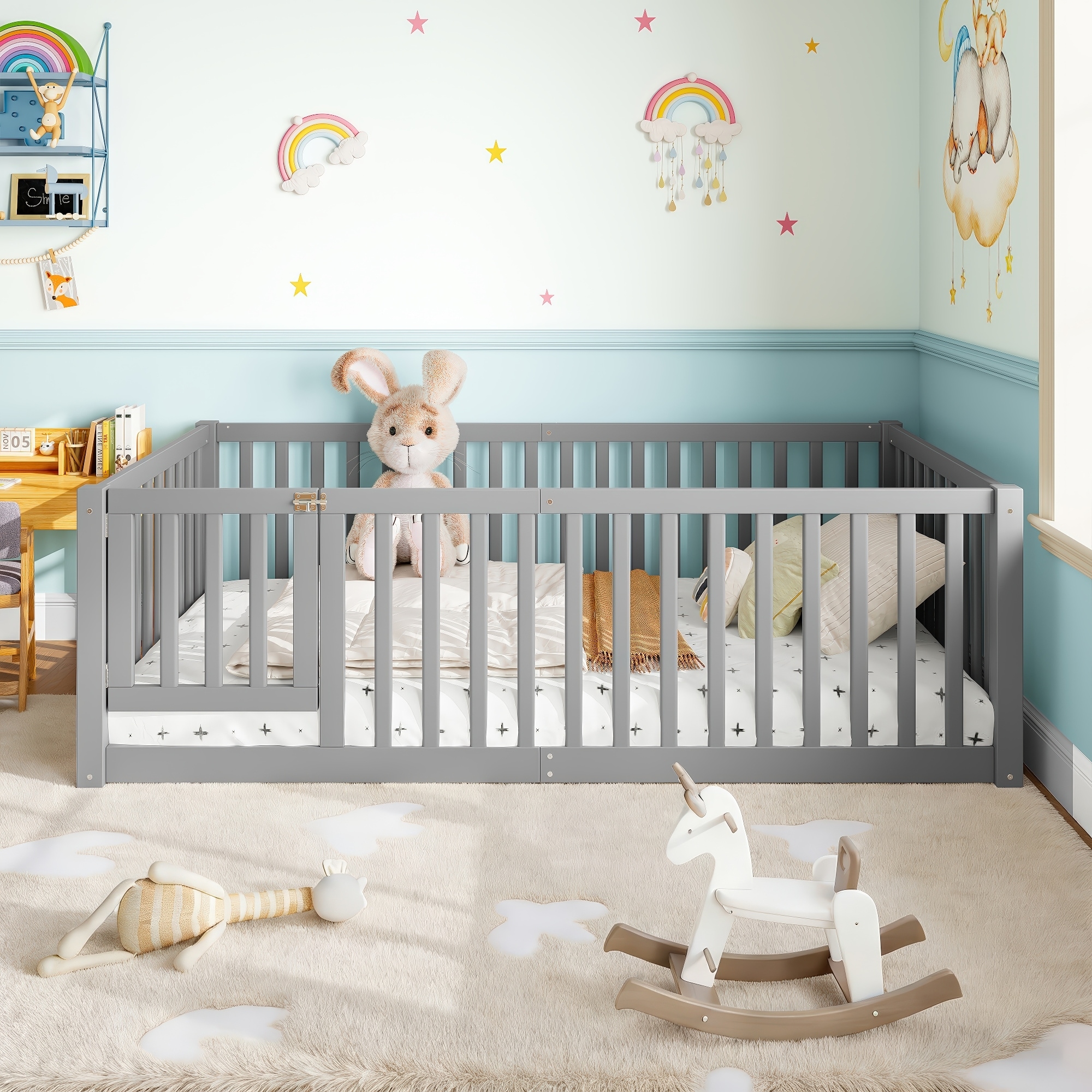 Twin Size Bed Floor Bed with Safety Guardrails and Door for Kids