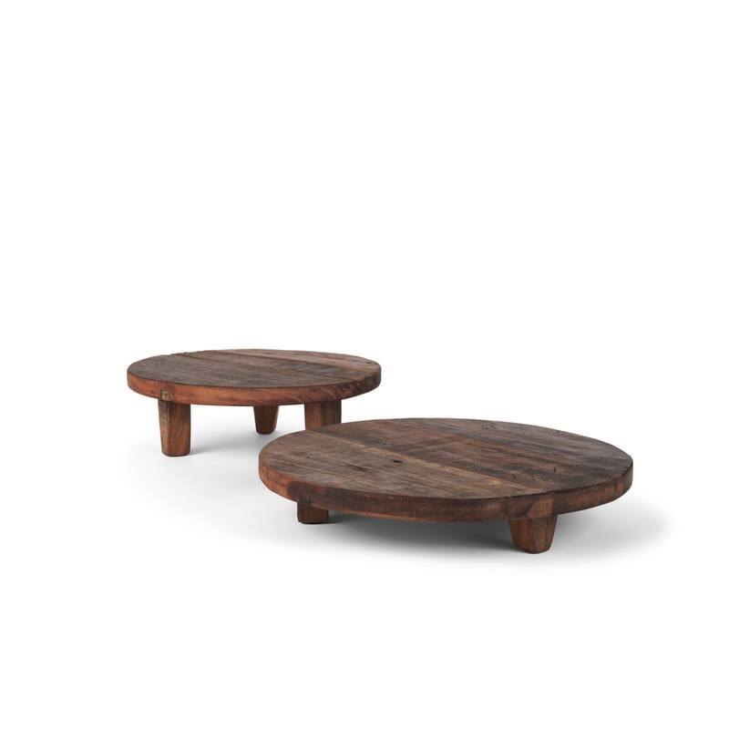 HomeRoots Set of Two Brown Reclaimed Wood Handmade Round Riser Trays - 11.75 in. x 2.25 in. x 11.75 in.