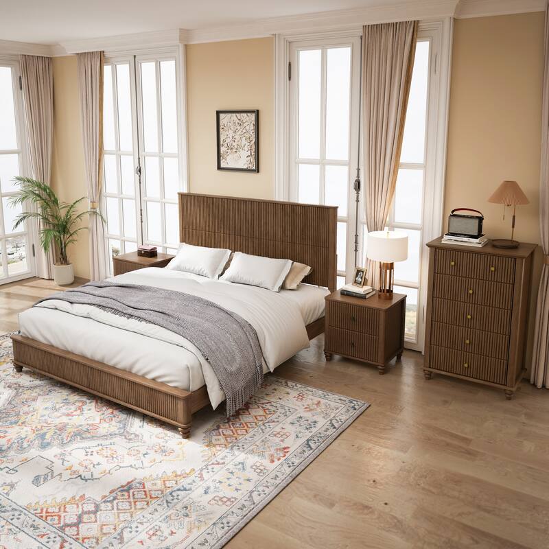 Bedroom Set with Wooden Platform Bed and Nightstands - Walnut(1 Bed+1 Dresser+2 Nightstands) - King - 4 Piece