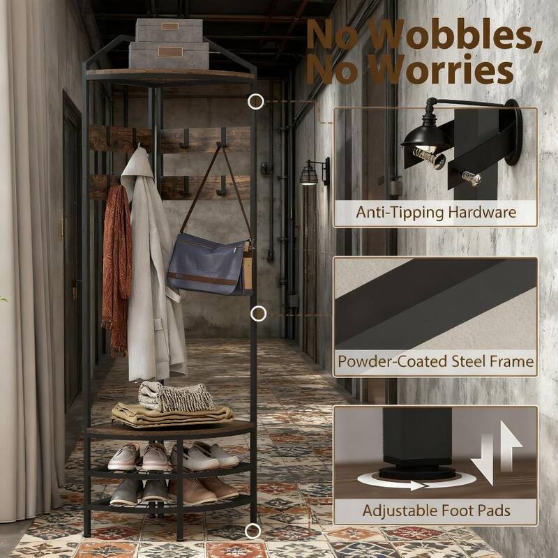 Industrial-Style Corner Coat Rack with Shoe Rack, 8 Movable Hooks and 2 Shelves, for Bedroom Living Room