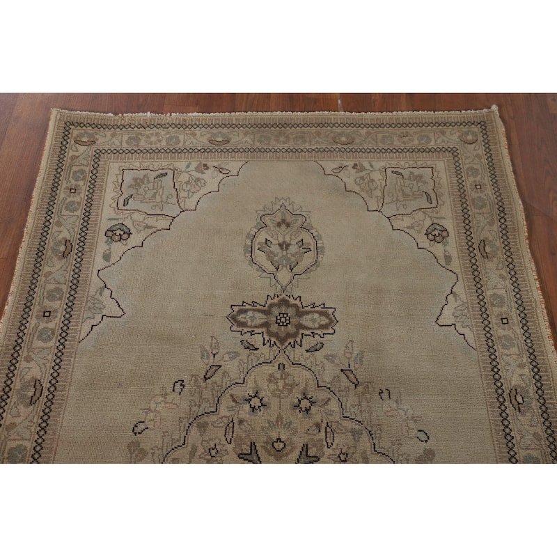 Geometric Tabriz Persian Vintage Rug Hand-Knotted Beige Wool Carpet - 3'6"x 5'3"
