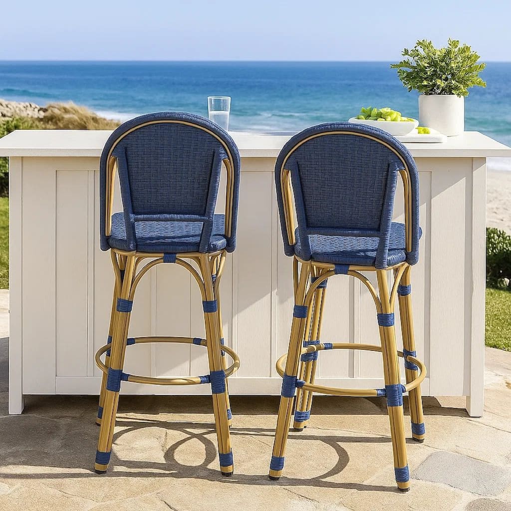 Gomy Outdoor Barstool Char Set of 2, Blue Wicker Woven, Brown Aluminum