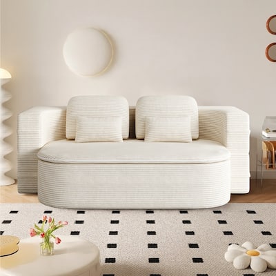 Modern Minimalist Compressed Corduroy Upholstered Convertible Two-Seater Sofa Bed with Seating Blanket