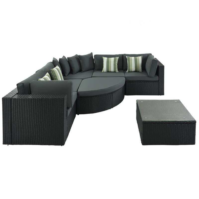 7-Piece Outdoor Patio Sectional Sofa Set with Coffee Table and Striped Pillows, Free Combination